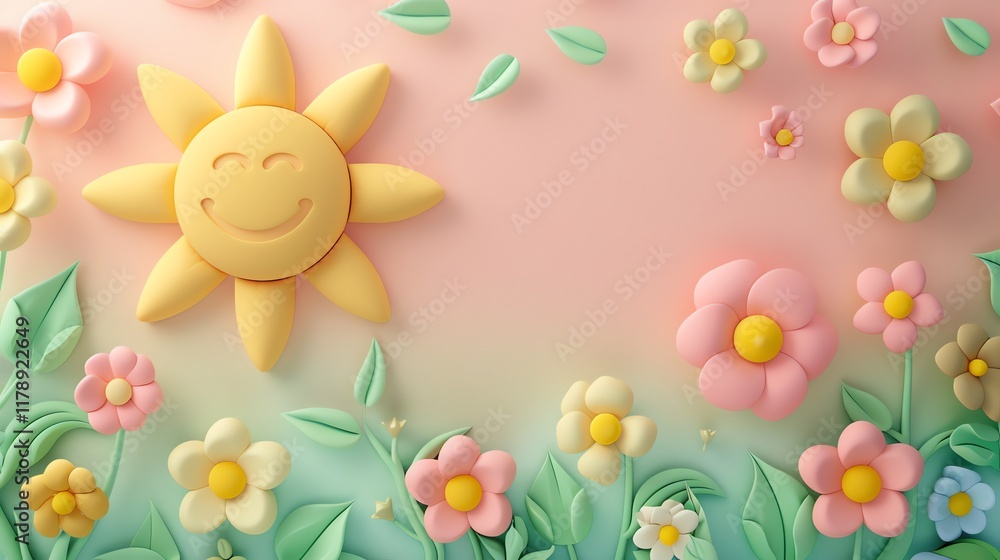 Poster a 3d rendering of a happy sun with a smiling face, surrounded by colorful flowers.