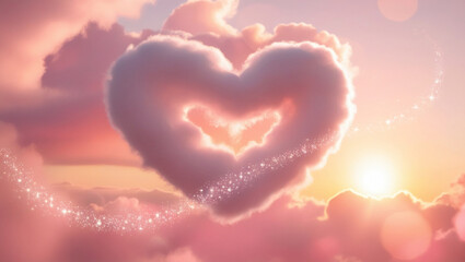 Fototapeta premium Heart-Shaped Cloud in a Magical Sunset Sky with Sparkling Stars. Valentine's Day or Wedding Banner. Greeting card, Valentine's Day or Wedding Invitation.