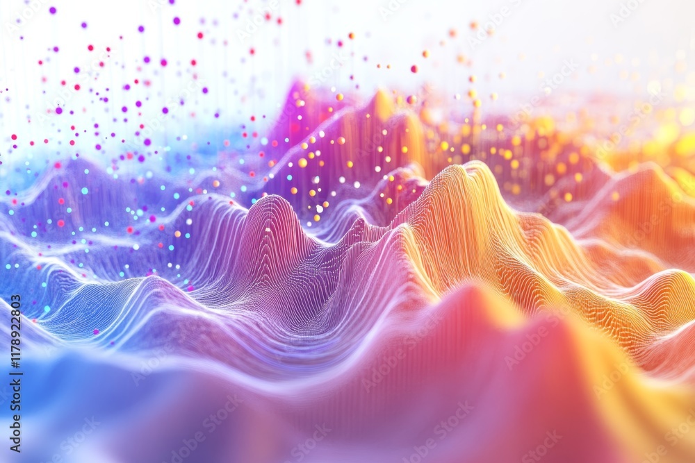 Poster explore an abstract 3d landscape filled with colorful data clusters, showcasing a dynamic visualizat