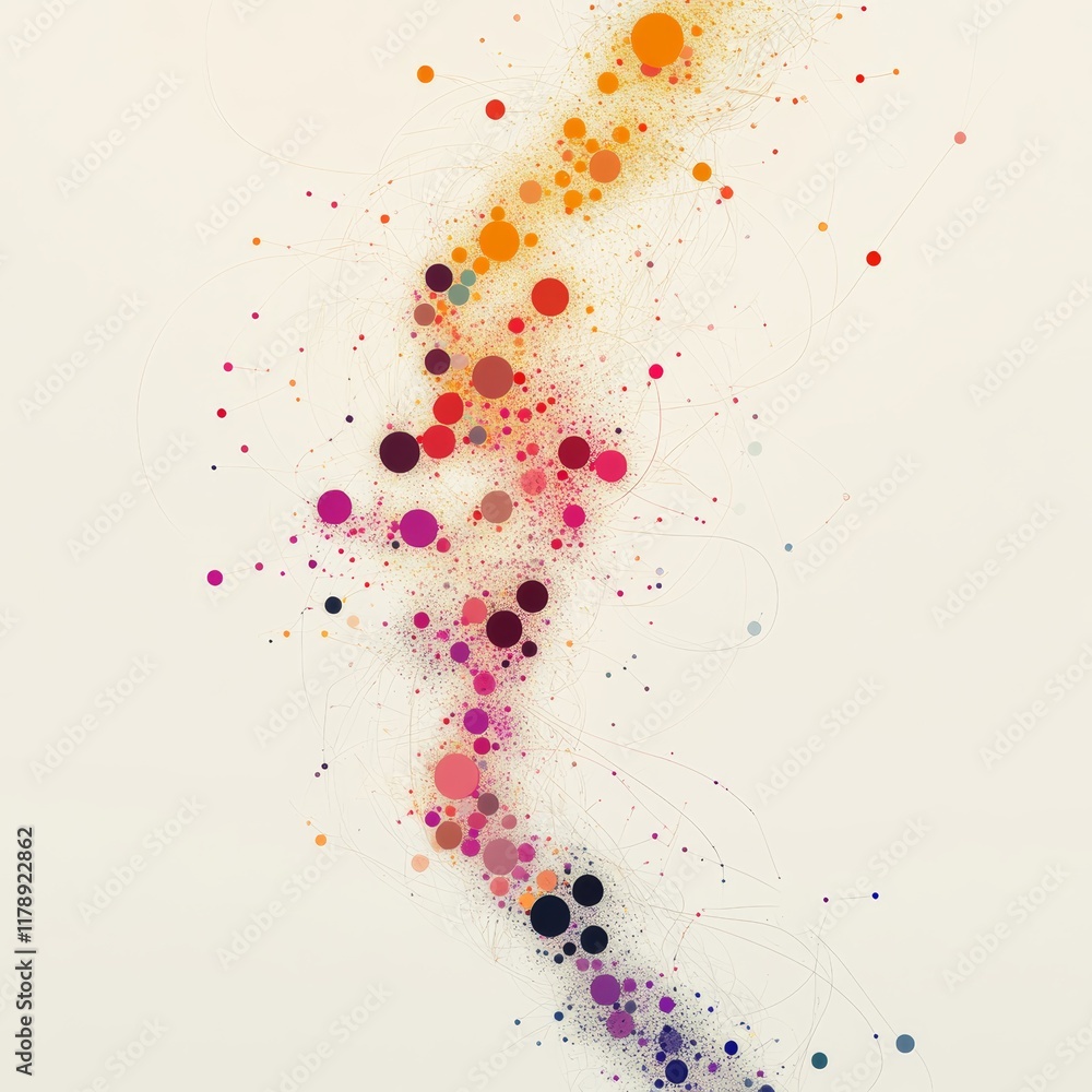 Poster vibrant abstract visualization depicting data flow with colorful dots and organic lines on a light b