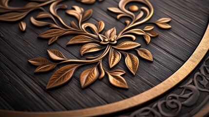 Fototapeta premium Intricate metalwork featuring elegant leaves and floral motifs over a textured wooden background, Ideal for use in home decor designs, branding materials, or artistic presentations,