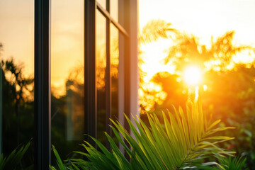 Modern Glass Facade with Lush Greenery and Golden Sunset Background