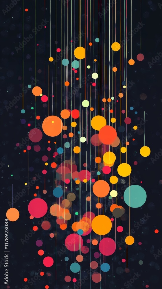 Poster this stunning abstract artwork features vibrant circles and vertical lines on a dark background, per