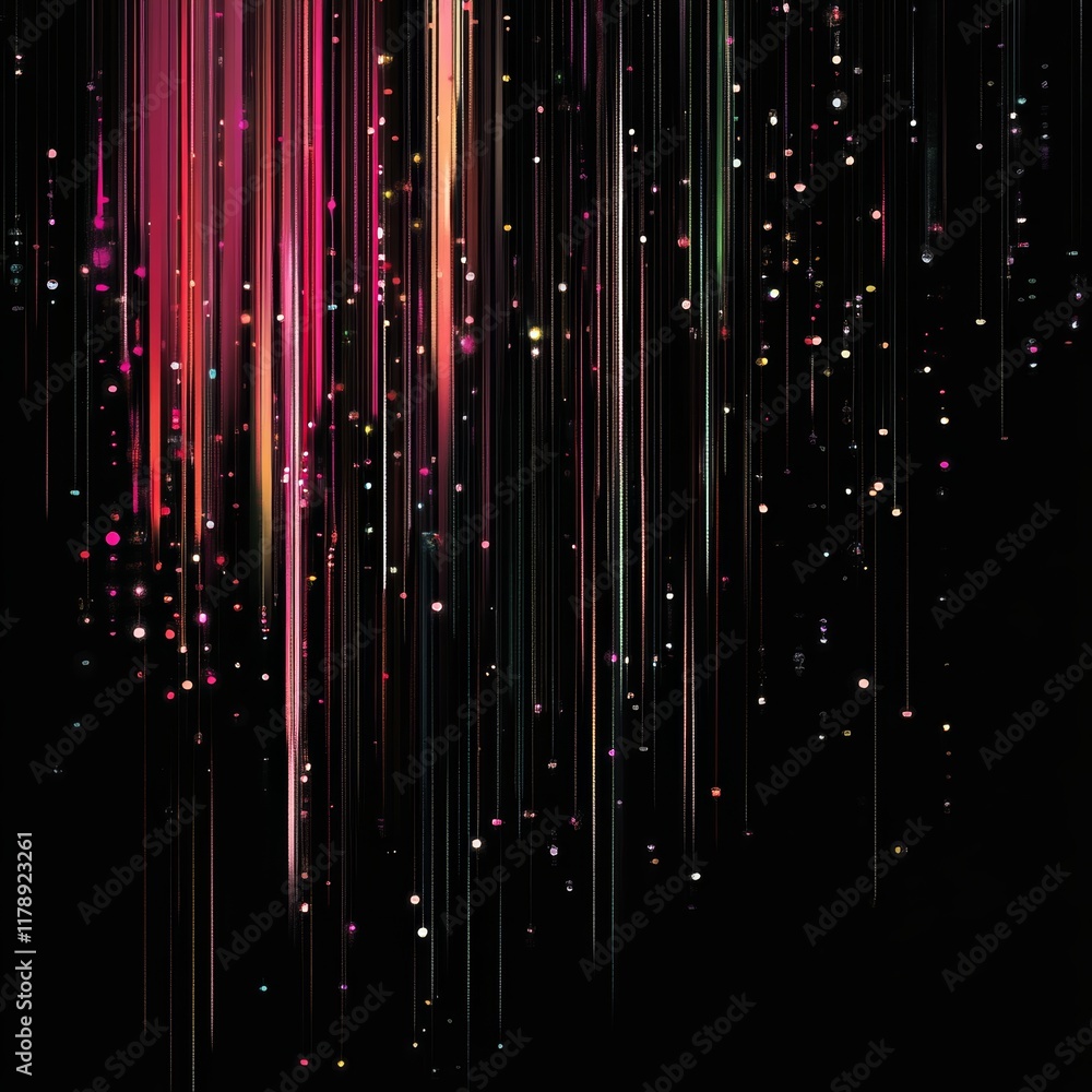 Poster this abstract image features colorful lines and dots that create a dynamic light effect against a da