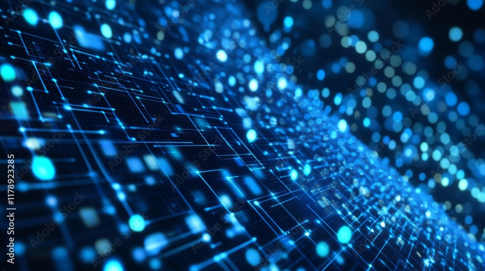 Poster abstract digital data stream in blue with light dots and circuit patterns for technology and innovat