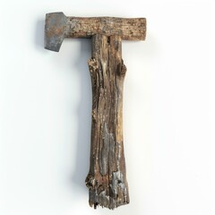 Rustic axe head combined with weathered tree branch creates the letter t, symbolizing tools, nature, and craftsmanship