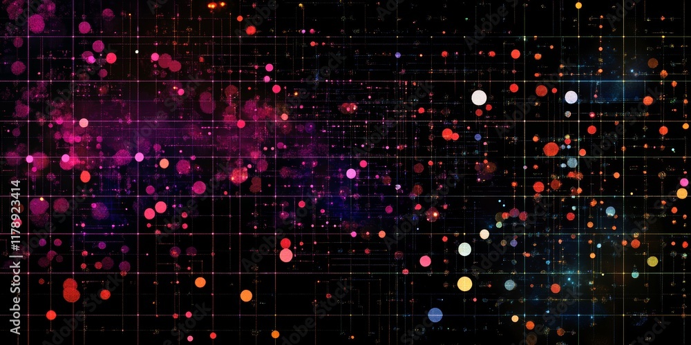 Poster This dynamic and vibrant abstract illustration showcases colorful dots representing data points on a digital network grid, ideal for technology and visualization themes.