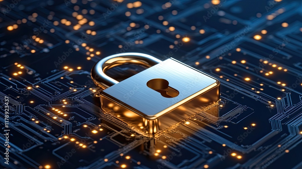 Poster secure digital lock symbolizing cybersecurity on a modern circuit board background showcasing techno