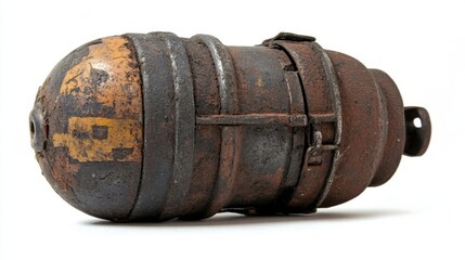 Fototapeta premium A vintage hand grenade showcasing timeworn design. Its rusty surface tells a story of history. This image highlights the artistry of antique weaponry. Generative AI