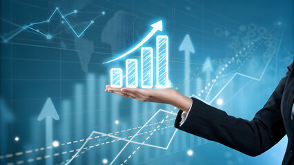 Business Growth Concept with Hand and Colorful Bar Chart Graphics