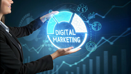 Professional Businesswoman Showcasing Digital Marketing Concept