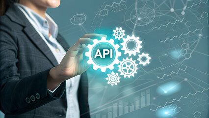 Professional Woman Interacting with API Technology Concept Design