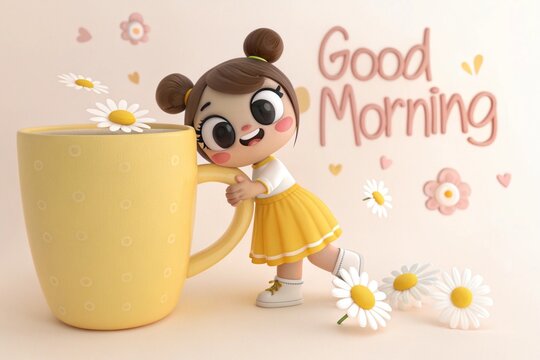 Cute cartoon girl, good morning text, double buns hairstyle, yellow skirt, isolated on background.