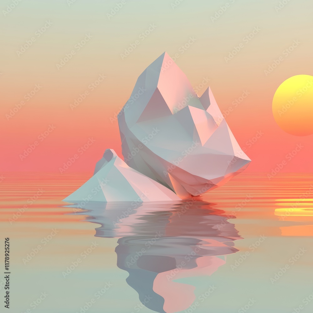 Poster a large ice block floating in the ocean with a sunset in the background