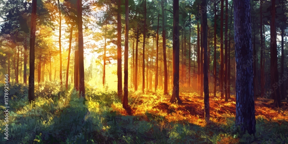 Aufkleber a forest with trees in the foreground and background. the sun is shining through the trees, creating