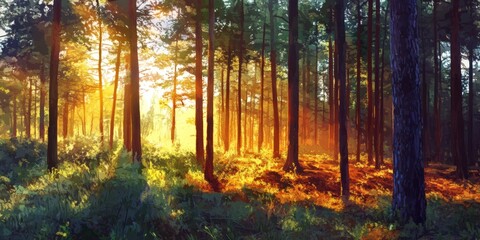 Obraz premium A forest with trees in the foreground and background. The sun is shining through the trees, creating a warm and peaceful atmosphere