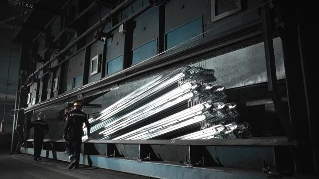 Heavy steel parts in a large industrial plant undergo the galvanizing process in a giant bath. Workers monitor the process.