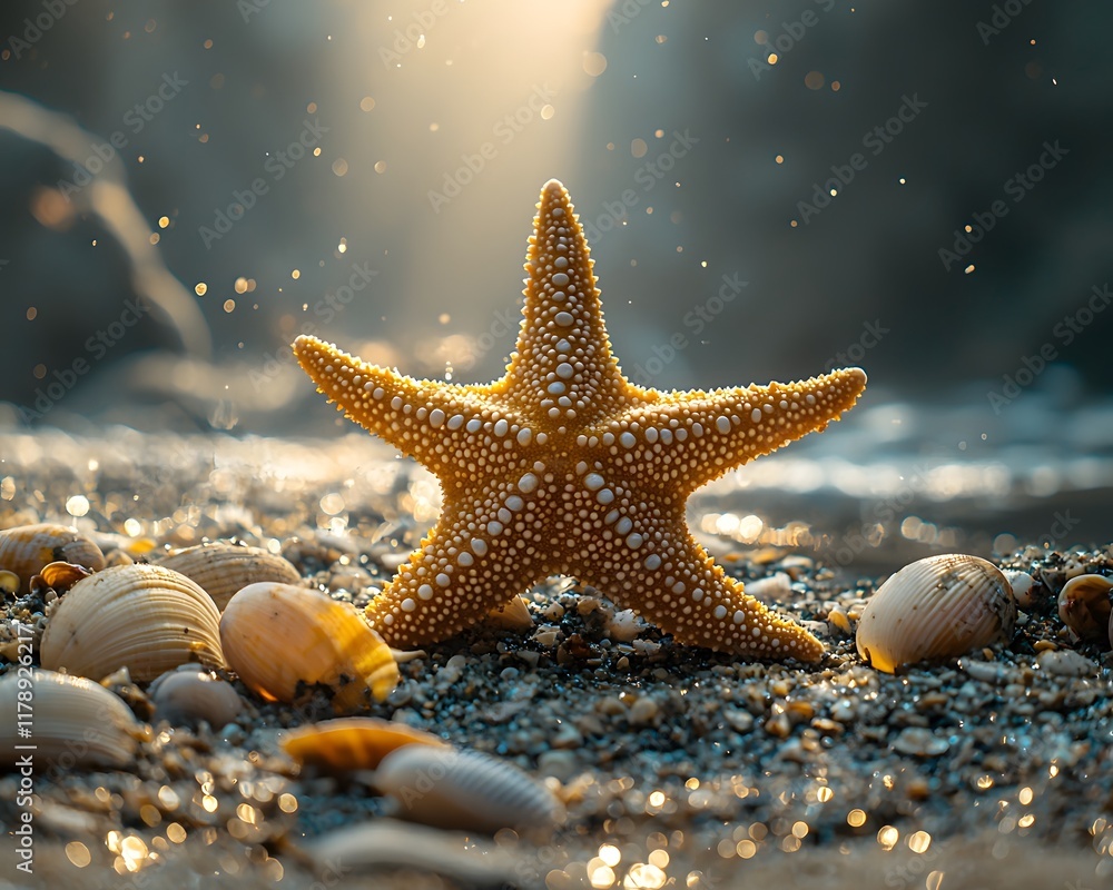 Poster mesmerizing starfish resting on the ocean floor surrounded by shells and creatures