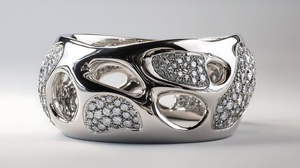 Platinum cuff bracelet featuring embedded diamonds in abstract shapes