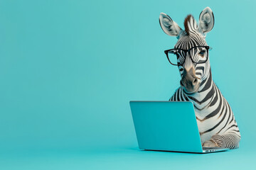 Zebra with glasses is working on a laptop on a blue background