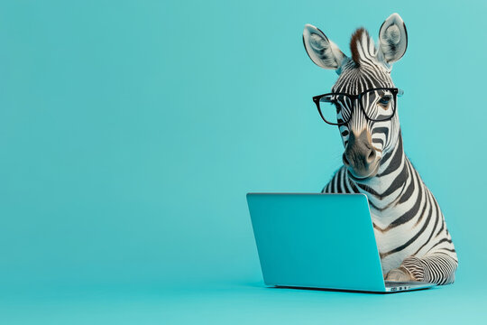 Zebra with glasses is working on a laptop on a blue background
