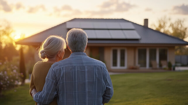 An elderly couple hugs and looks at their eco-friendly house with solar panels on the roof