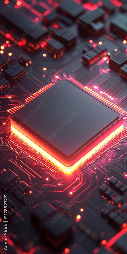 Poster detailed view of a microchip on a circuit board illuminated by red led lights, showcasing advanced t