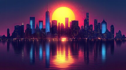 Obraz premium Retro NYC Skyline Sunset Reflection, vibrant city silhouette, large sun, mirrored water. Use Backgrounds, Posters, Social Media.