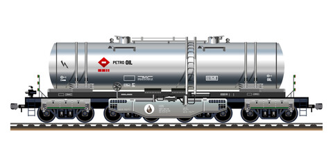 Naklejka premium Freight train railway carriage petroleum liquid oil tanker heavy cargo industries 3D vector illustration