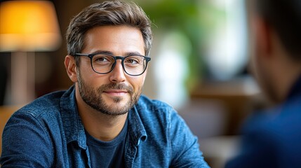 Fototapeta premium Man with glasses smiles while engaging in conversation in a cozy cafe during the afternoon