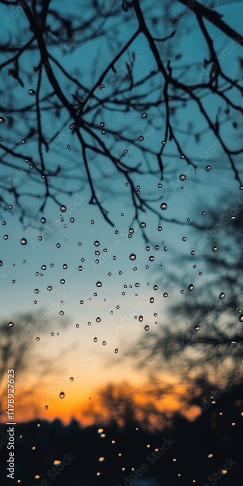 Poster raindrops on a window with a vibrant sunset and silhouetted tree branches create a serene and atmosp