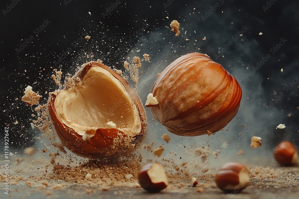 Poster two hazelnuts with one cracked open and exploding with dust on a dark background.