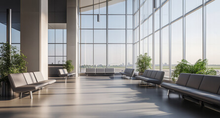 Modern waiting area in the airport terminal with large windows