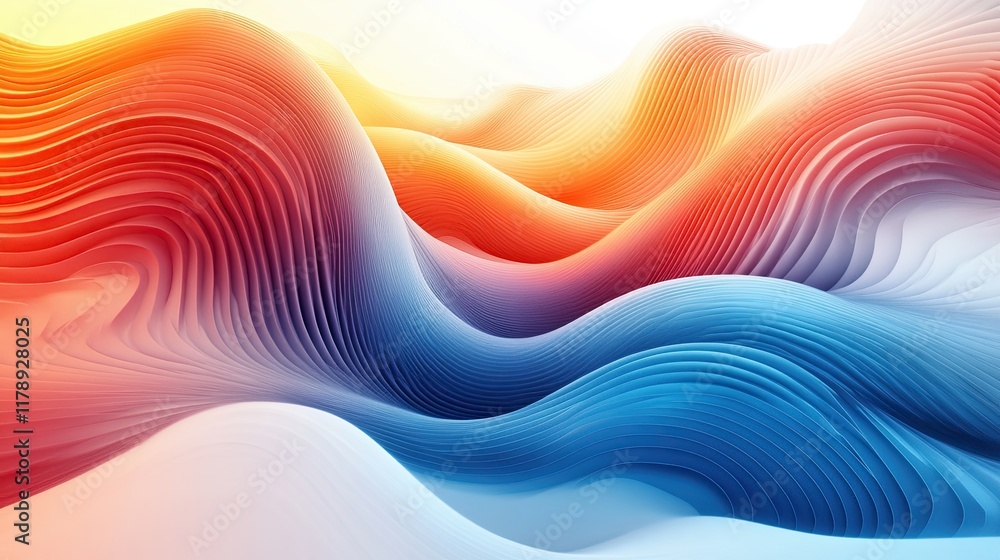 Poster colorful waves flow through an abstract landscape of red, orange, and blue shading creating a dynami
