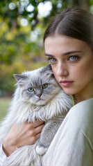 A young woman holds a white fluffy cat to her face