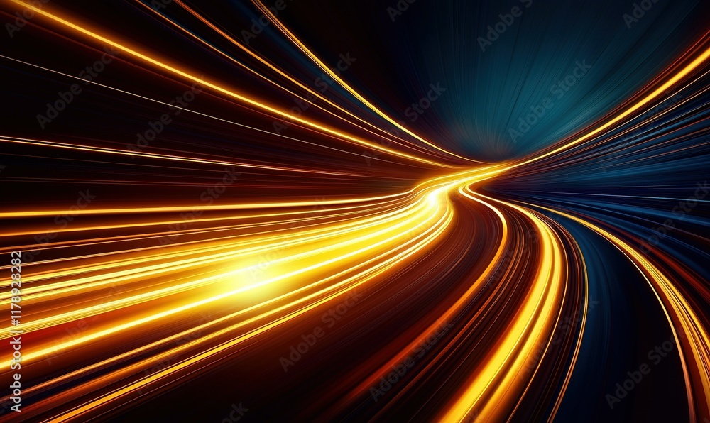Poster light streaks curving through dark space, dynamic energy flow for abstract background or tech design