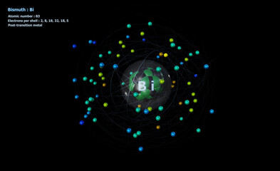 Atom of Bismuth with detailed Core and its 83 Electrons on a black background