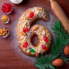 Número 6 formado por roscón de reyes, dulce típico del 6 de enero en España
