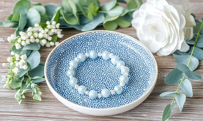 Light blue beaded bracelet on blue patterned dish, white rose, greenery, wooden table.