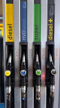 Petrol pumps of an Italian petrol station Eni Station. Diesel, super, Diesel+ and HVOlution