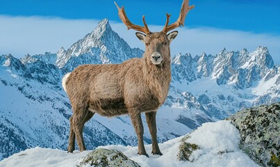 Obraz premium Majestic deer stands on snowy mountain peak with breathtaking alpine backdrop.