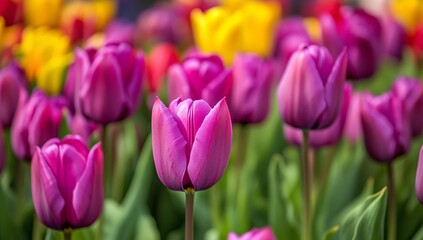 Fototapeta premium Field of purple tulips in full bloom With yellow and red tulips in the background