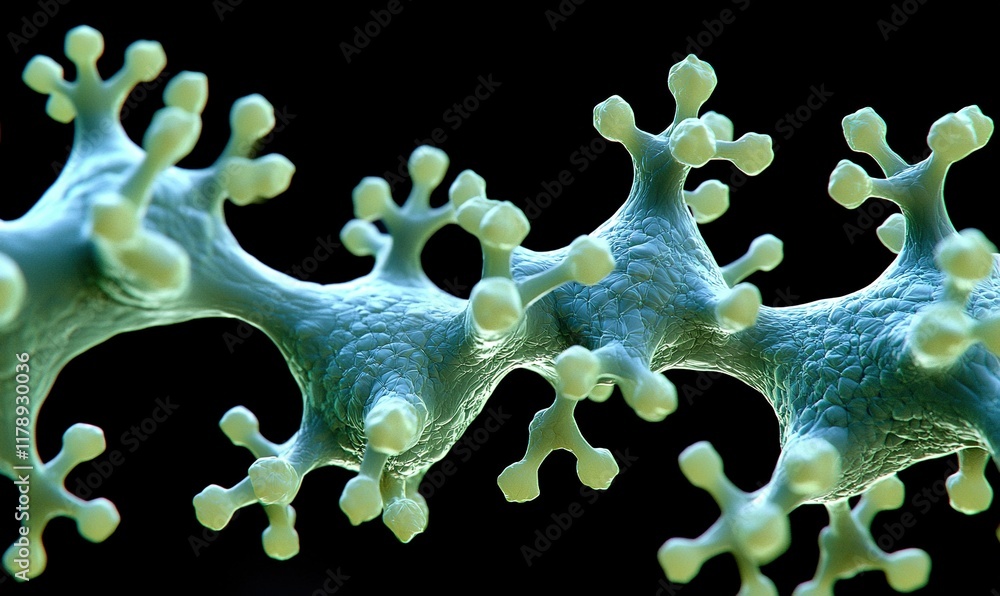 Poster microscopic view of interconnected cells on a dark background, ideal for scientific visualizations.