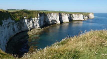 Breathtaking cliff view of a coastal landscape, with rugged cliffs meeting the shimmering blue sea.