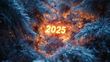 Frosted branches in a forest framing the glowing numbers "2025" in the distance