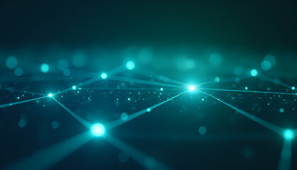 Obraz premium A futuristic background with interconnected glowing nodes and lines, simulating a high-speed network flow, with a vibrant blue and green color scheme.