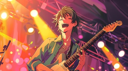 An anime-style illustration of a young man singing and playing an electric guitar on stage.