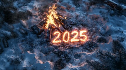 "2025" written in glowing embers on a snowy ground near a bonfire
