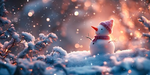 Snowman standing amidst softly glowing blurred bokeh lights in a snowy wonderland evoking warmth and festivity, style book illustration