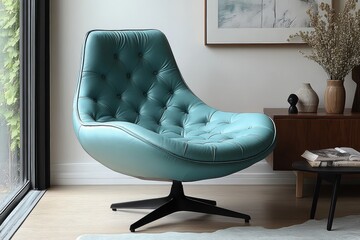 Comfortable Aqua Blue Velvet Armchair with Buttoned Backrest and Black Steel Swivel Base, Perfect for Reading or Relaxing